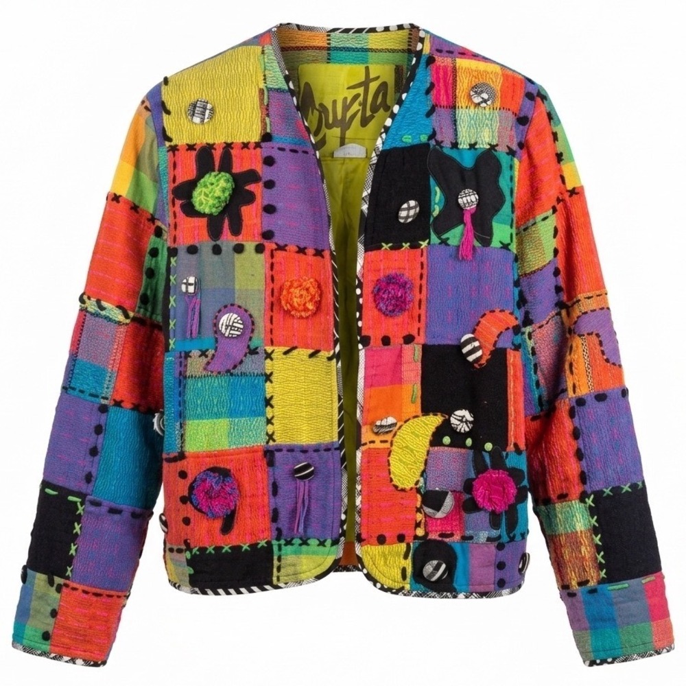 Vintage Crystal Handwovens M Patchwork Jacket 90s Art To Wear Mixed Media Boho